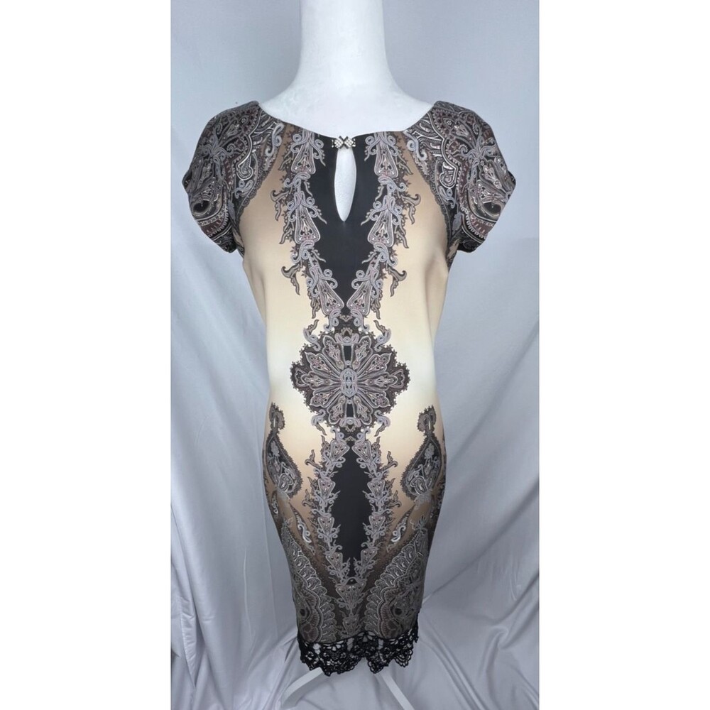 BEIGE by ECI Dress Womens S Paisley Bodycon Sheath Lace Hem Rhinestone Keyhole